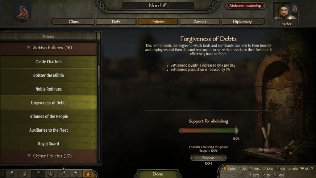 Mount & Blade 2 Bannerlord screenshot showing the Forgiveness of Debts kingdom policy.