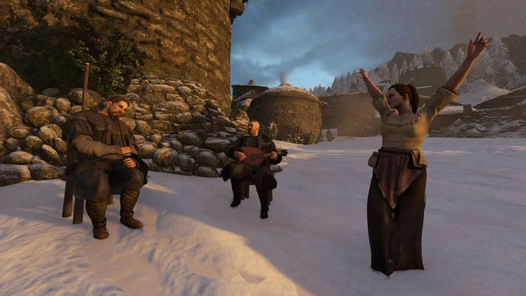 Mount & Blade 2 Bannerlord screenshot showing two people playing musical instruments with a lady nearby dancing.