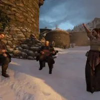 Mount & Blade 2 Bannerlord screenshot showing two people playing instruments with a lady nearby dancing.