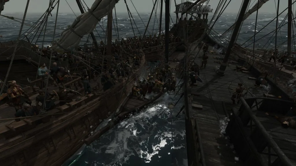 Mount & Blade 2 Bannerlord screenshot of several ships at sea surrounding a small one in the middle as troops board it.