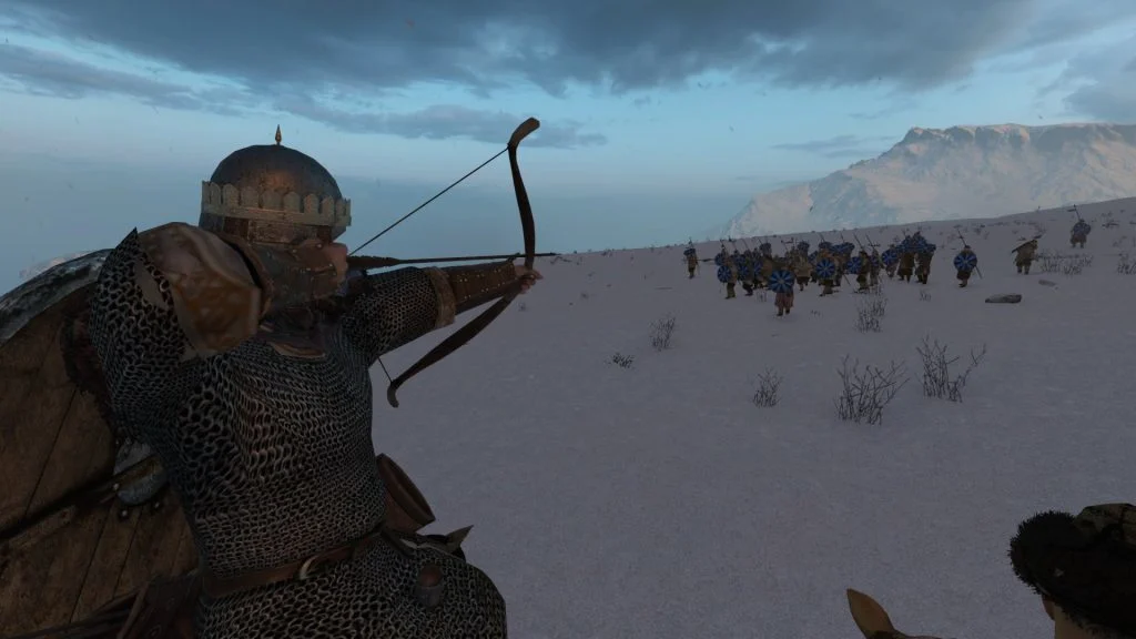 Mount & Blade 2 Bannerlord screenshot of a knight on a horse aiming an arrow at a small group of bandits.