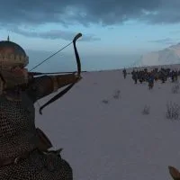 Mount & Blade 2 Bannerlord screenshot of a knight on a horse aiming an arrow at a small group of bandits.