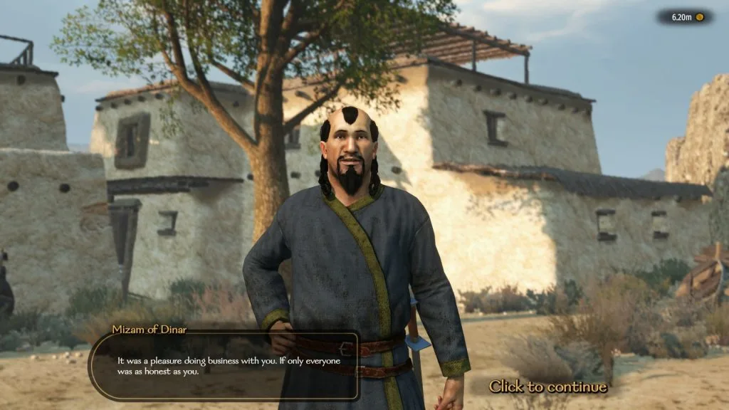 Mount & Blade 2 Bannerlord screenshot of a man thanking the player for their honesty in business. A tree is visible behind them, next to a building.