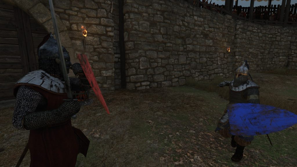 Mount & Blade 2 Bannerlord screenshot of two knights fighting in an arena as one is thrusting a sword forward.
