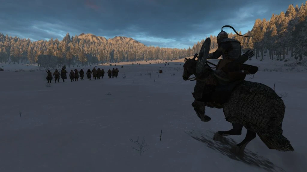 Mount & Blade 2 Bannerlord screenshot of a knight on an armored horse riding toward a group of looters in a snowy field.