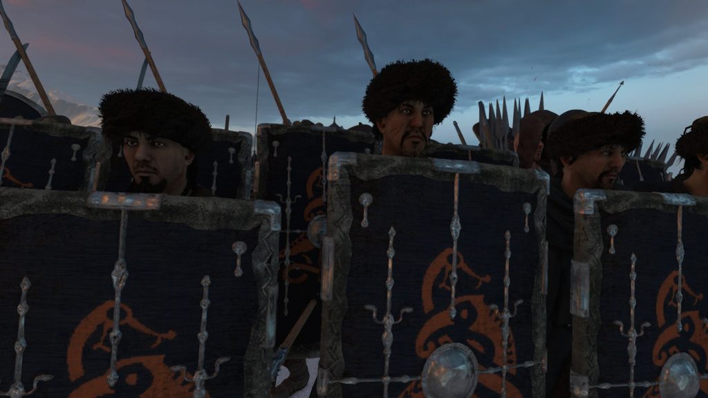 Mount & Blade 2 Bannerlord screenshot showing a shield wall of soldiers up close.