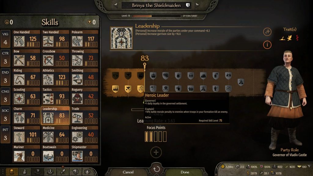 Mount & Blade 2 Bannerlord character screen showing the Leadership perk Heroic Leader.