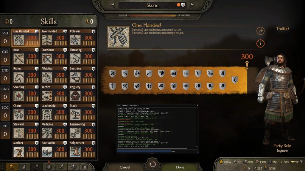 Mount & Blade 2 Bannerlord screenshot of the player's skills all at level 300. The command console is slightly visible at the bottom.