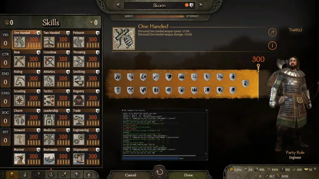 Mount & Blade 2 Bannerlord screenshot of the player's skills all at level 300. The command console is slightly visible at the bottom.
