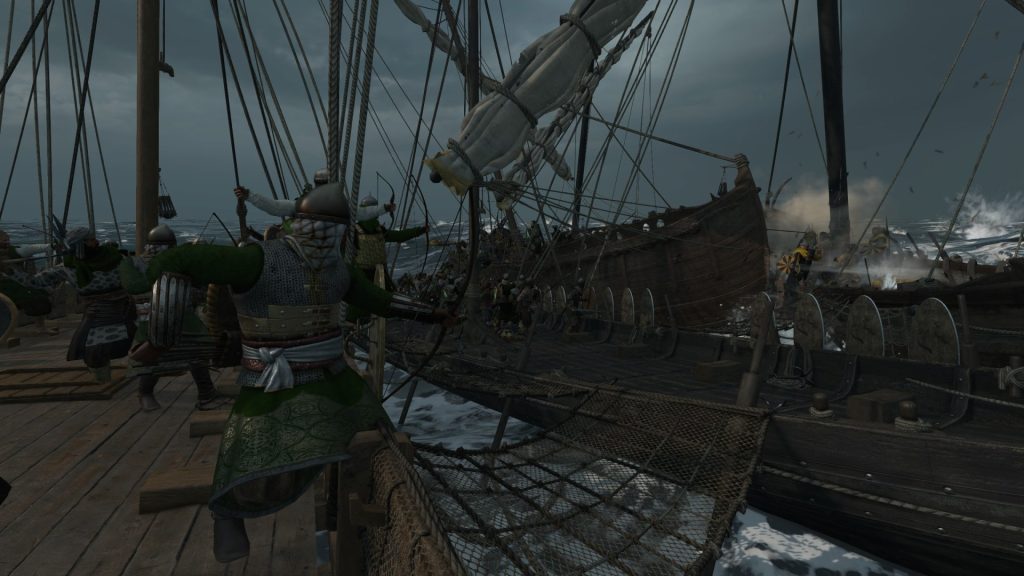 Mount & Blade 2 Bannerlord War Sails screenshot of multiple ships fighting with one archer aiming at another ship
