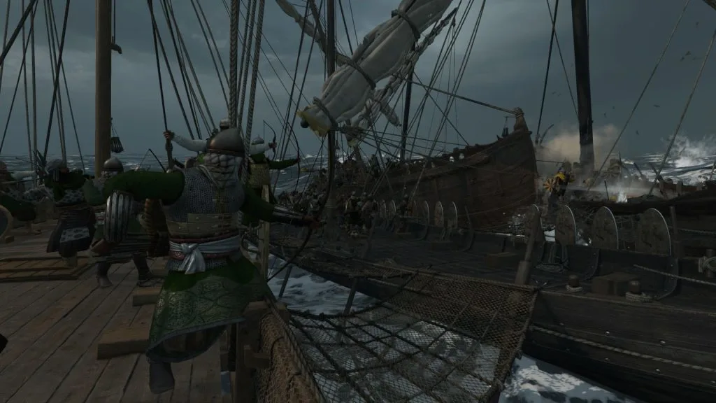 Mount & Blade 2 Bannerlord War Sails screenshot of multiple ships fighting with one archer aiming at another ship