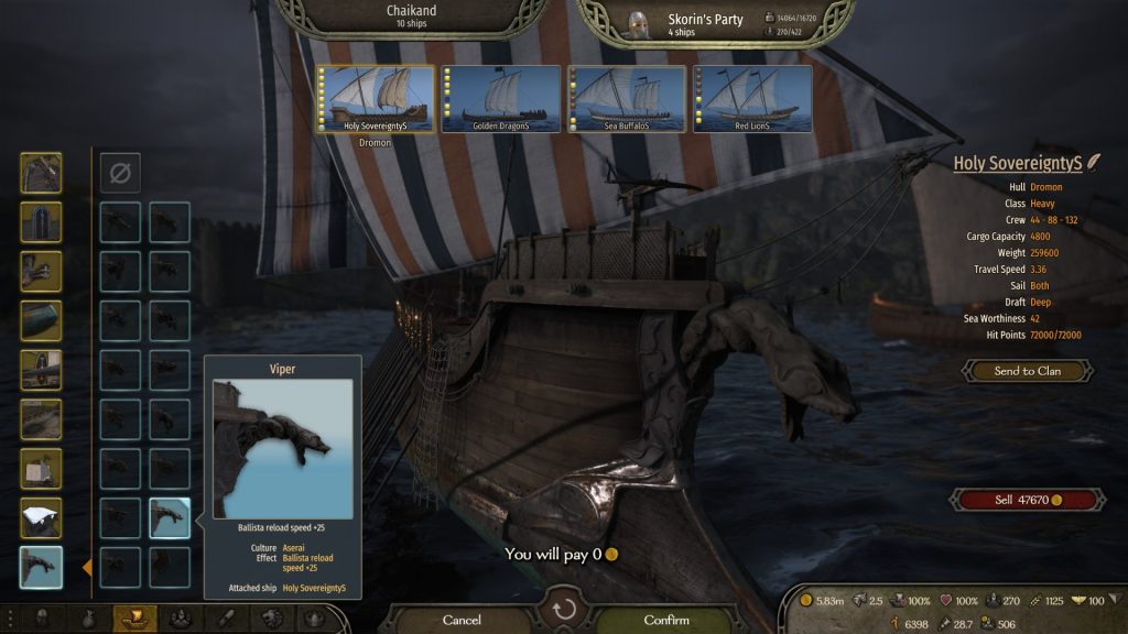 Mount & Blade 2 Bannerlord screenshot of a large ship with a wooden viper figurehead during the night. The edges of the screen show information about the ship and figurehead.