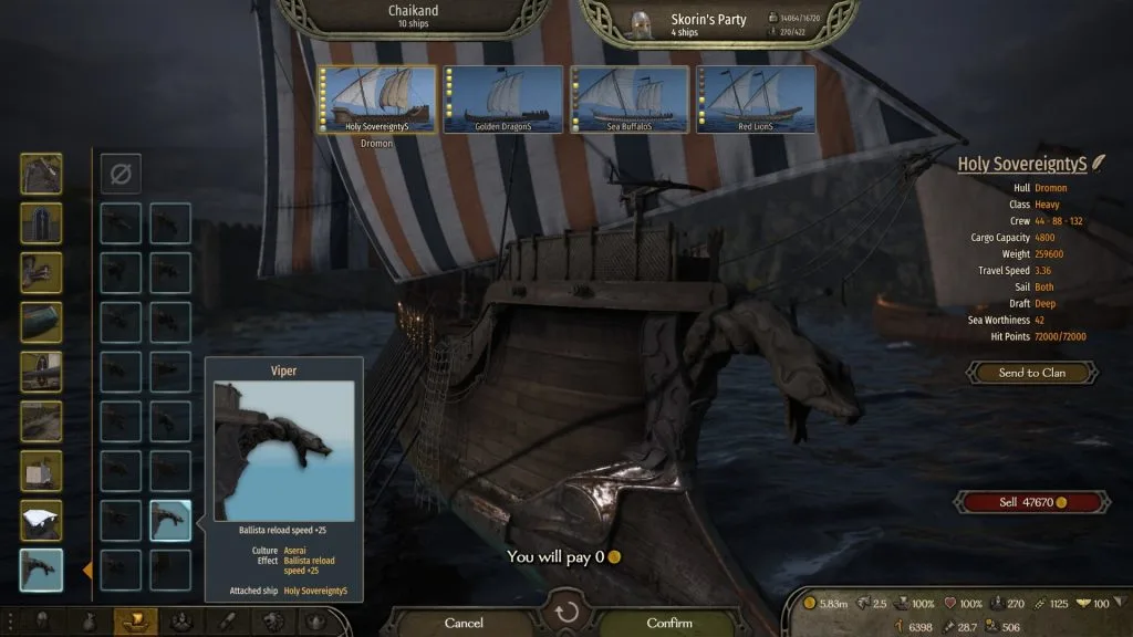 Mount & Blade 2 Bannerlord screenshot of a large ship with a wooden viper figurehead during the night. The edges of the screen show information about the ship and figurehead.