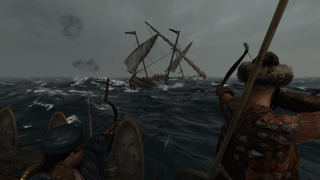 Mount & Blade 2 War Sails screenshot of two archers at sea aiming toward a couple of ships in the distance.