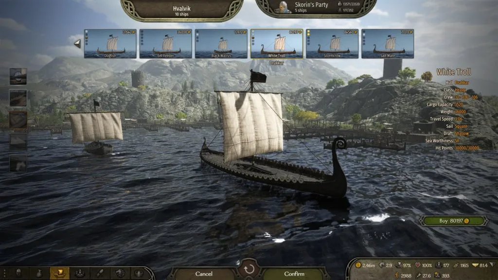 Mount & Blade 2 War Sails screenshot of buying a ship in port where you can see the boat near a dock.