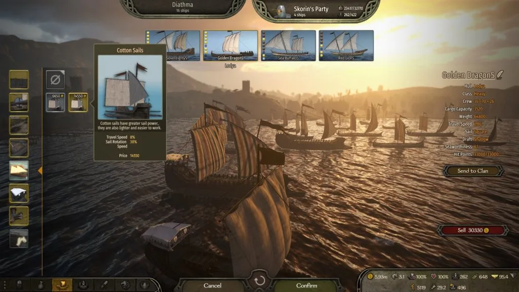 Mount & Blade 2 War Sails screenshot showing a fleet of ships in port, where you can buy Cotton Sails.