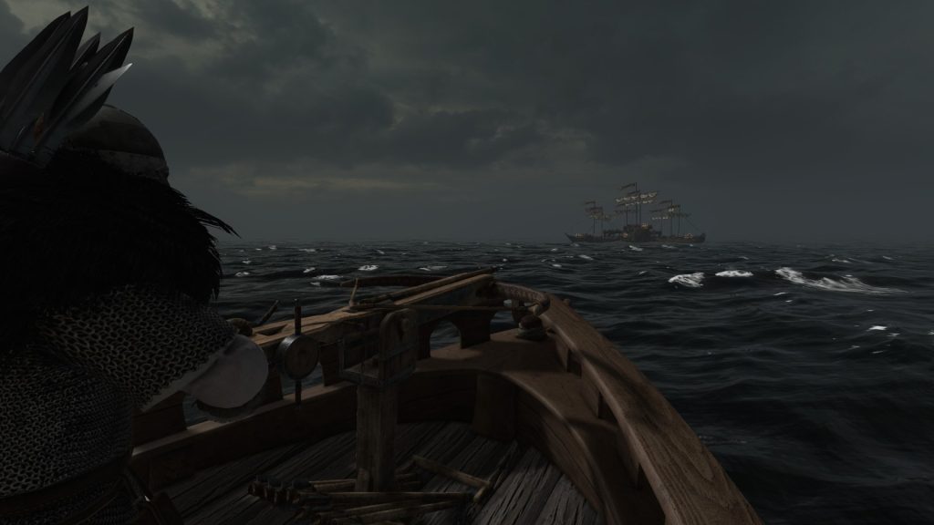 Mount & Blade 2 War Sails screenshot of someone manning a ballista on a ship and aiming at a group of ships in the distance.