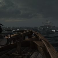 Mount & Blade 2 War Sails screenshot of someone manning a ballista on a ship and aiming at a group of ships in the distance.