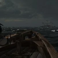 Mount & Blade 2 War Sails screenshot of someone manning a ballista on a ship and aiming at a group of ships in the distance.