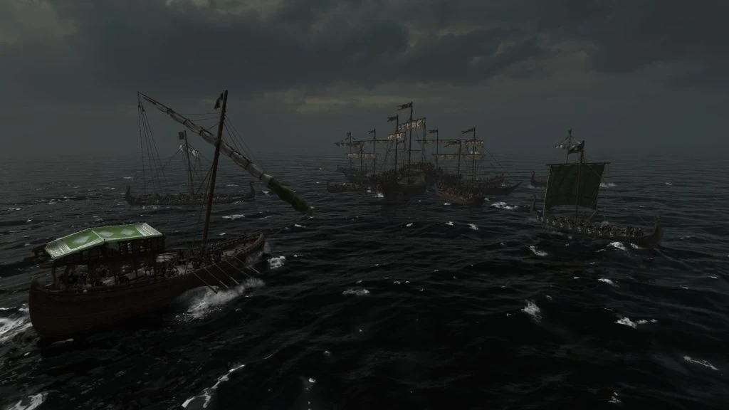 Mount & Blade 2 War Sails screenshot of multiple ships charging in at a group of ships in the center that are together creating a fortress.