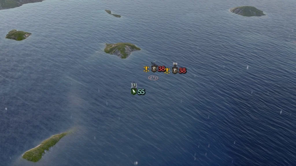 Mount & Blade 2 War Sails screenshot showing the overworld where the player's ship is near two enemy ships in the ocean.