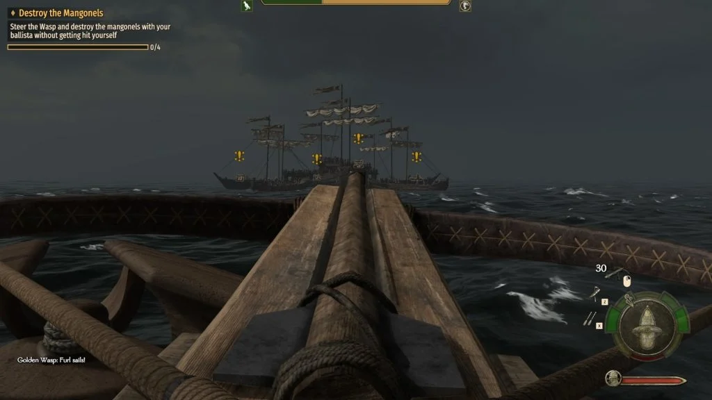 Mount & Blade 2 War Sails screenshot of a ballista aimed at a Mangonel on top of a ship in the distance.