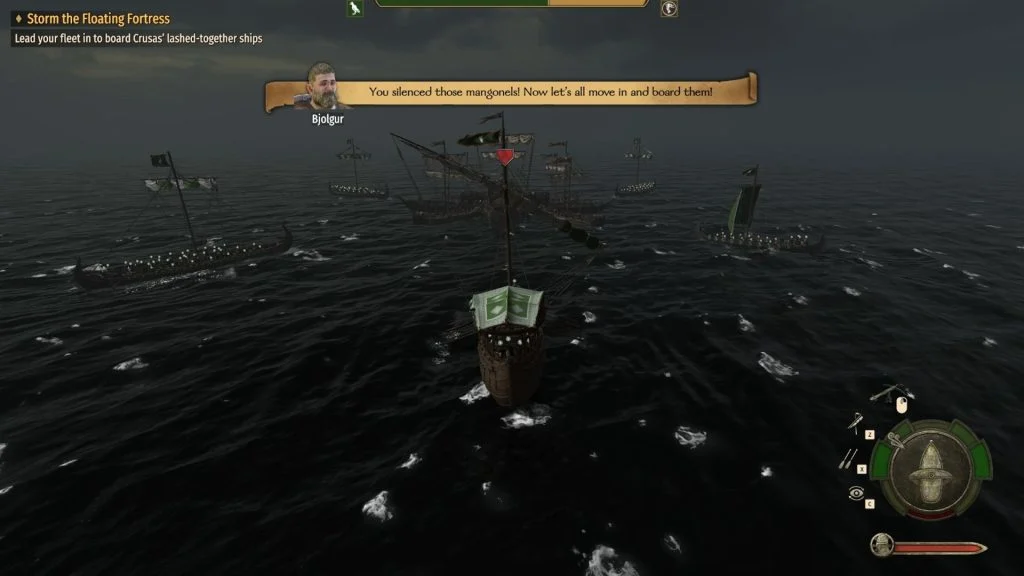 Mount & Blade 2 War Sails screenshot of several ships flying green sails and flags charging a floating fortress of enemy ships