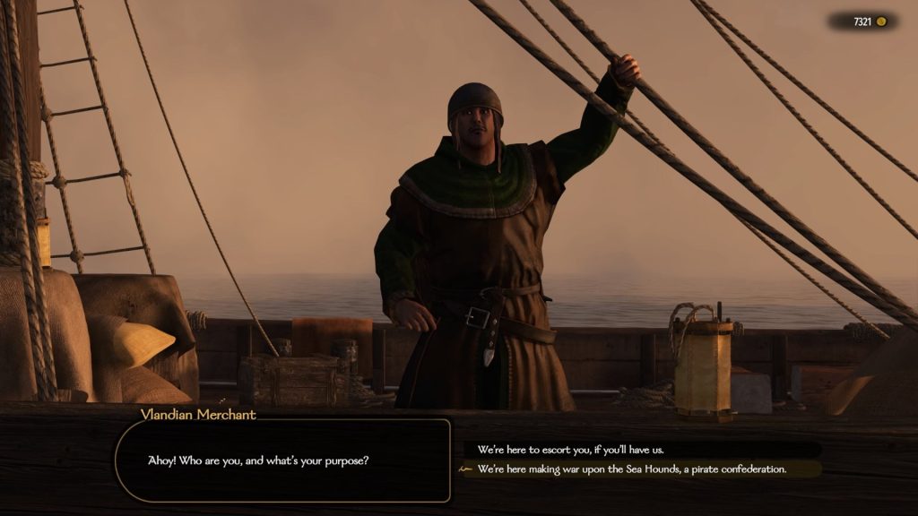 Mount & Blade 2 War Sails screenshot of a merchant on a ship speaking