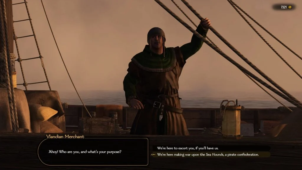 Mount & Blade 2 War Sails screenshot of a merchant on a ship speaking