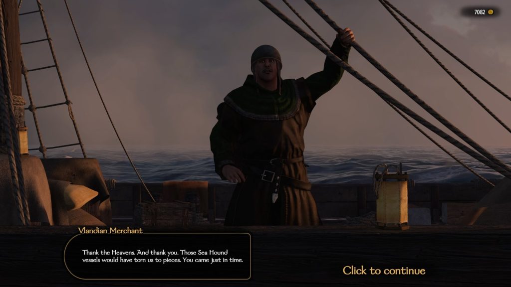 Mount & Blade 2 War Sails screenshot of a merchant on their ship speaking