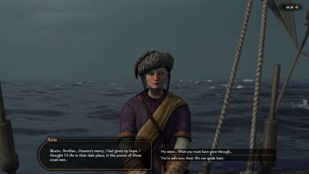 Mount & Blade 2 War Sails screenshot of a young woman with a deadpan stare forward as the ocean is visible behind her.
