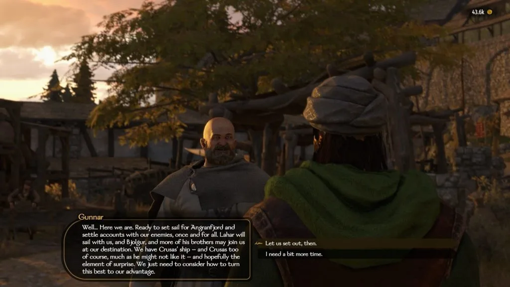 Mount & Blade 2 War Sails screenshot of the player speaking with Gunnar as the sun peers through the clouds in the background.