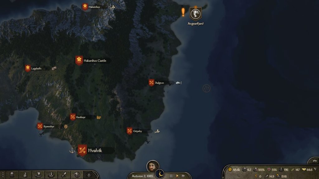 Mount & Blade 2 War Sails screenshot showing an overhead view of the overworld map where Hvalvik and Angranfjord are visible.
