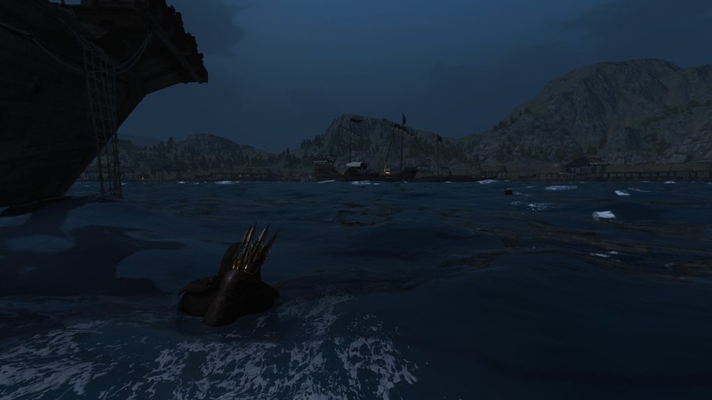 Mount & Blade 2 War Sails screenshot of someone swimming in the water at night with one ship close to them and a few ships off in the distance.