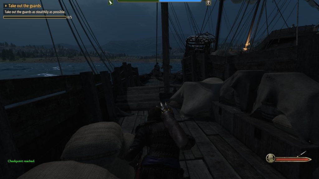 Mount & Blade 2 War Sails screenshot of someone sneaking at night along a ship toward an enemy with their back to the person sneaking.