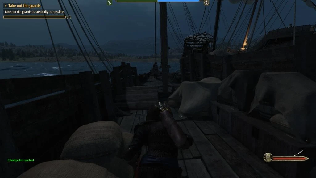Mount & Blade 2 War Sails screenshot of someone sneaking at night along a ship toward an enemy with their back to the person sneaking.