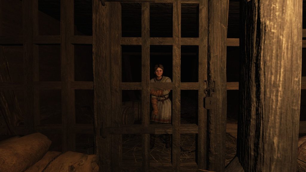 Mount & Blade 2 War Sails screenshot showing a young woman in the brig of a ship.