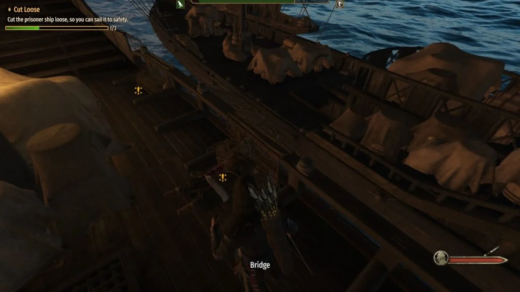 Mount & Blade 2 War Sails screenshot of the player cutting lose rope bridges attaching two ships. Each rope bridge has a yellow exclamation point near them.