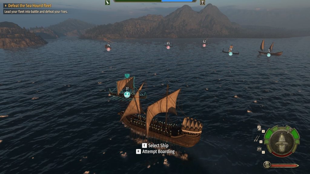 Mount & Blade 2 War Sails screenshot of a fleet of friendly ships engaging enemy ones in the water, during a hazy morning. A mountain is visible in the distance.