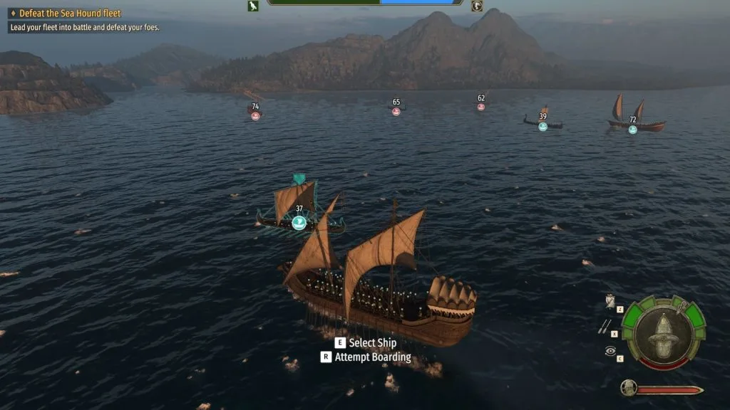 Mount & Blade 2 War Sails screenshot of a fleet of friendly ships engaging enemy ones in the water, during a hazy morning. A mountain is visible in the distance.