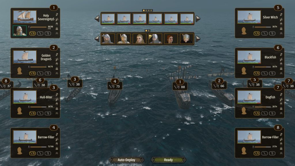 Mount & Blade 2: Bannerlord War Sails screenshot of the ship deployment screen before a battle, showing eight ships.