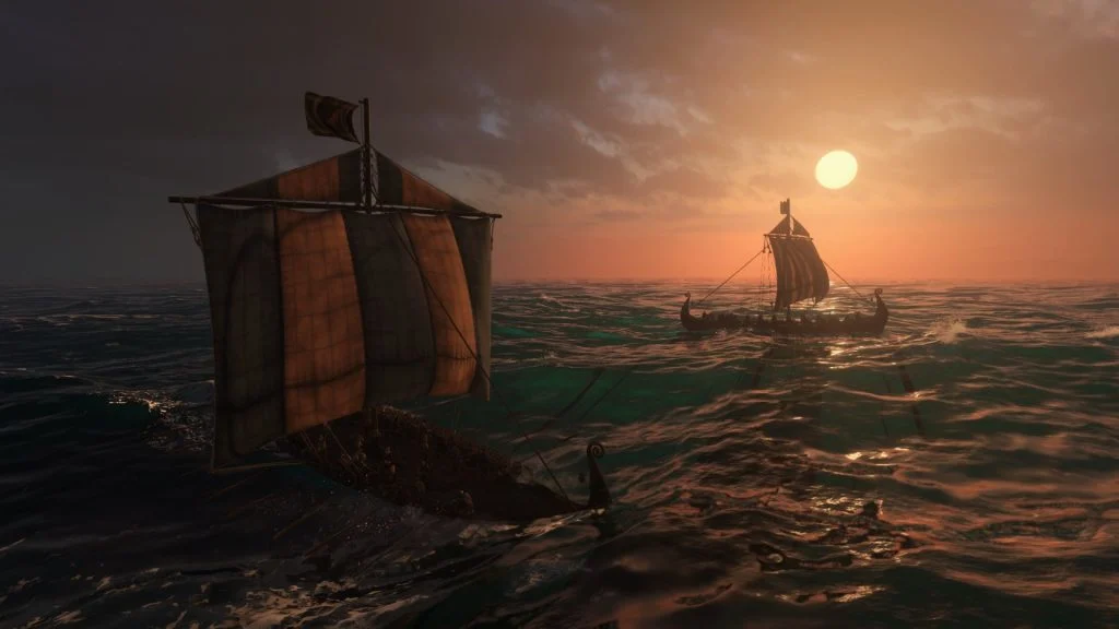 Mount & Blade 2 War Sails screenshot of two ships at sea with the sun setting in the background