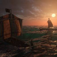 Mount & Blade 2 War Sails screenshot of two ships at sea with the sun setting in the background