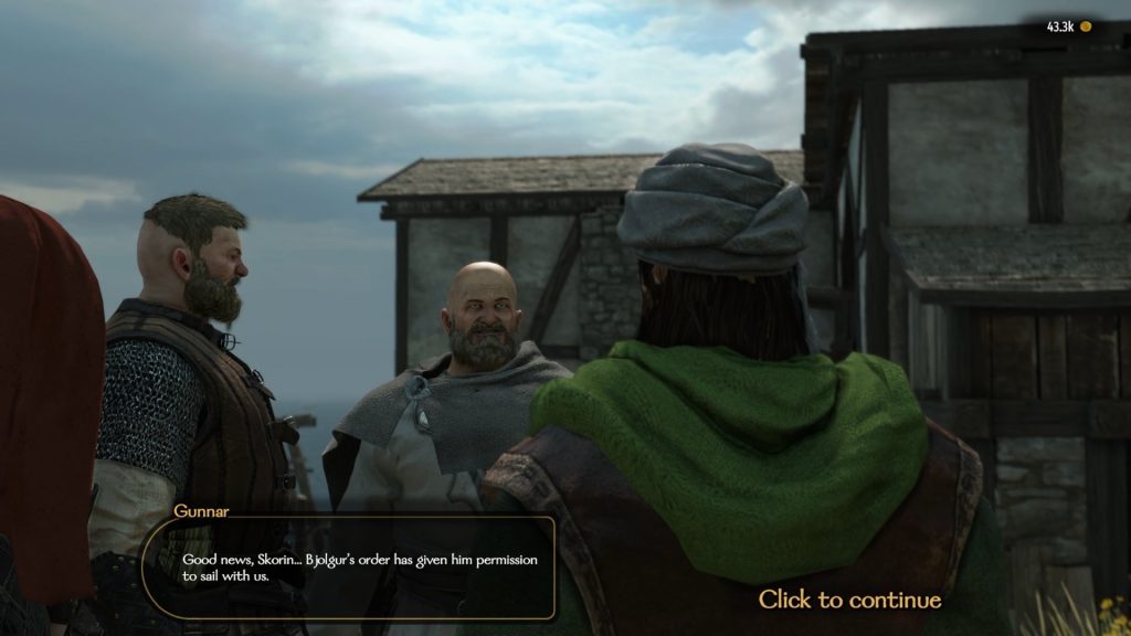 Mount & Blade 2 War Sails screenshot of the player speaking with Gunnar and Bjolgur, with a cloudy sky beyond them.