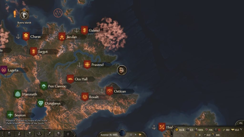 Mount & Blade 2 War Sails screenshot of the overworld showing most of Calradia and a marker at the top left corner that says, Skatria Islands.