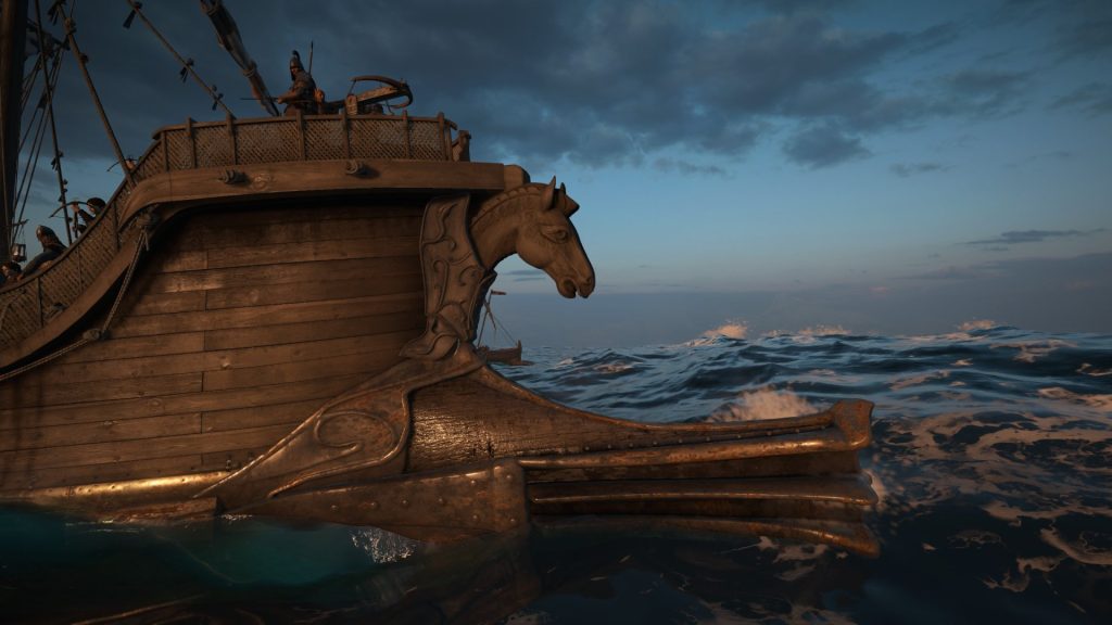 Mount & Blade 2 Bannerlord screenshot of a ship with a wooden horsehead figurehead at sea.