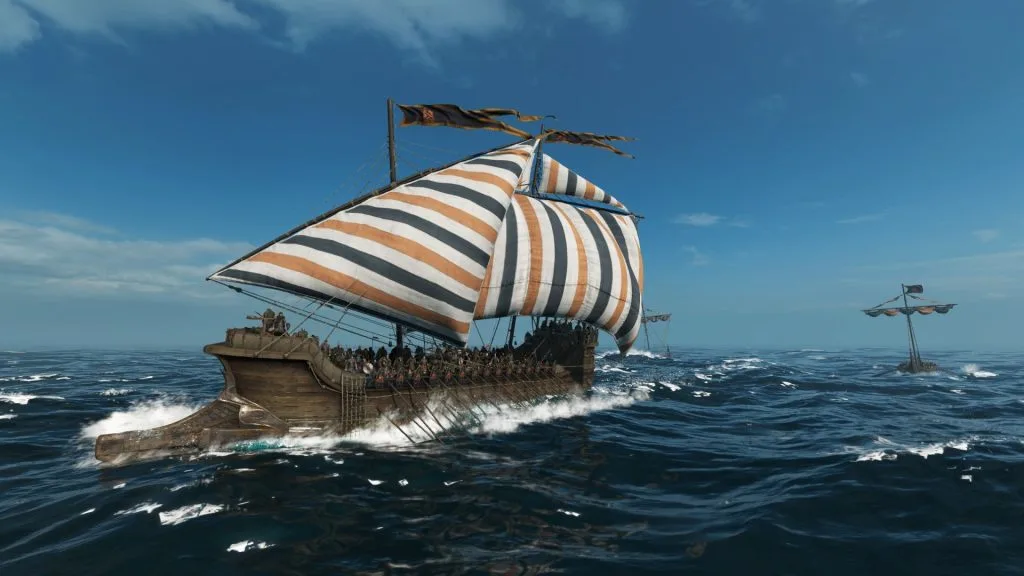 Mount & Blade 2 War Sails screenshot of a large ship sailing the ocean beneath a clear blue sky. The ship has orange and black stripes across a white sail.
