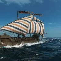 Mount & Blade 2 War Sails screenshot of a large ship sailing the ocean beneath a clear blue sky. The ship has orange and black stripes across a white sail.