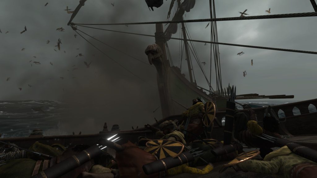 Mount & Blade 2 War Sails screenshot of downed soldiers on a boat as a ship rams the side of it