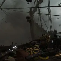 Mount & Blade 2 War Sails screenshot of downed soldiers on a boat as a ship rams the side of it